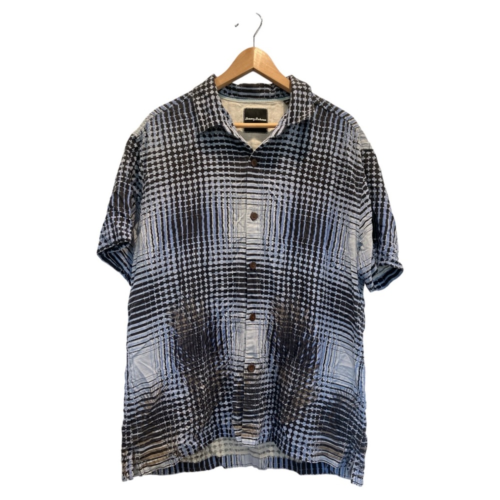 Tommy Bahama Silk Shirt Mens XL Blue Hawaiian Geometric Print Button Down